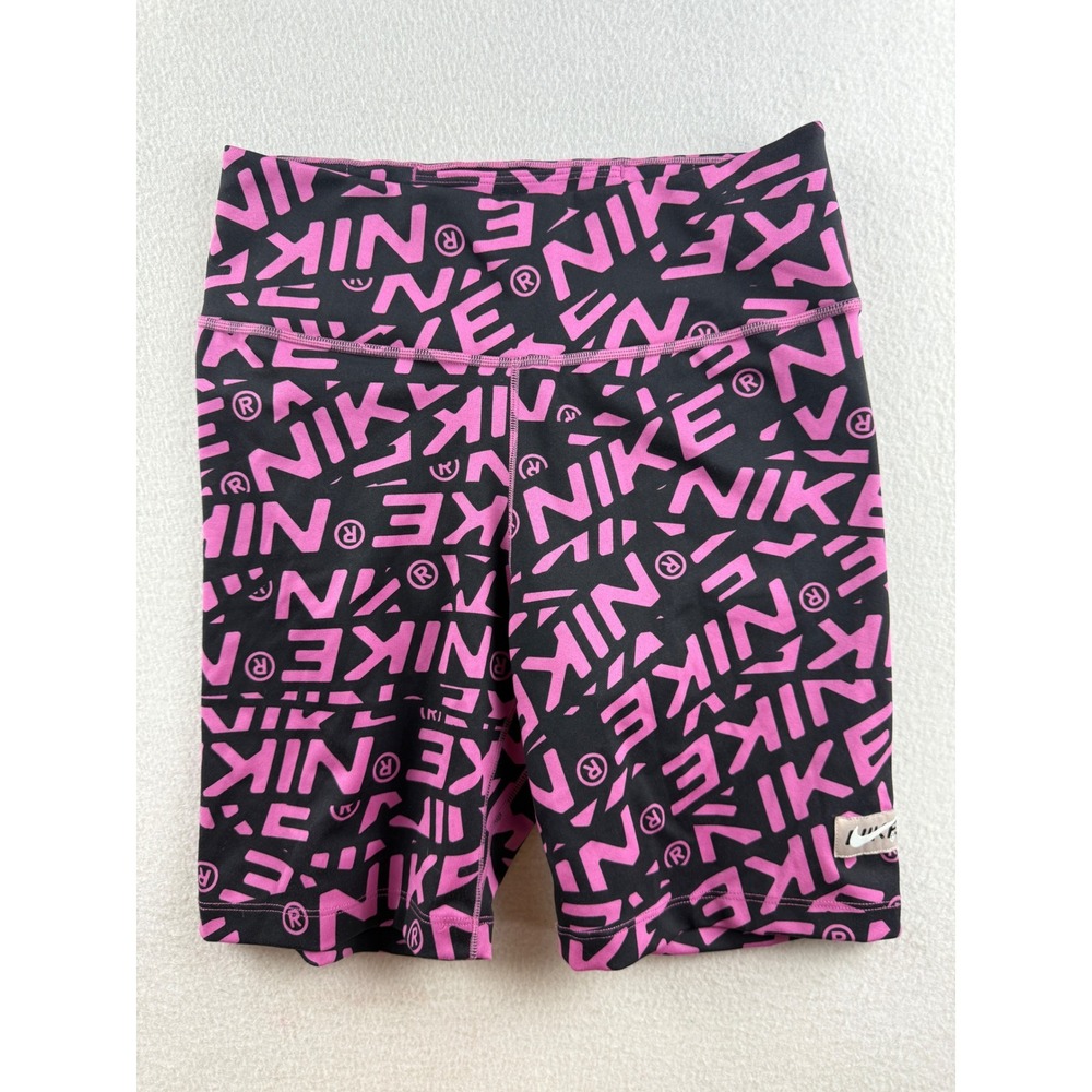 Nike Dri-FIT Womens Biker Shorts Small Black Pink All Over Logo Print High Rise